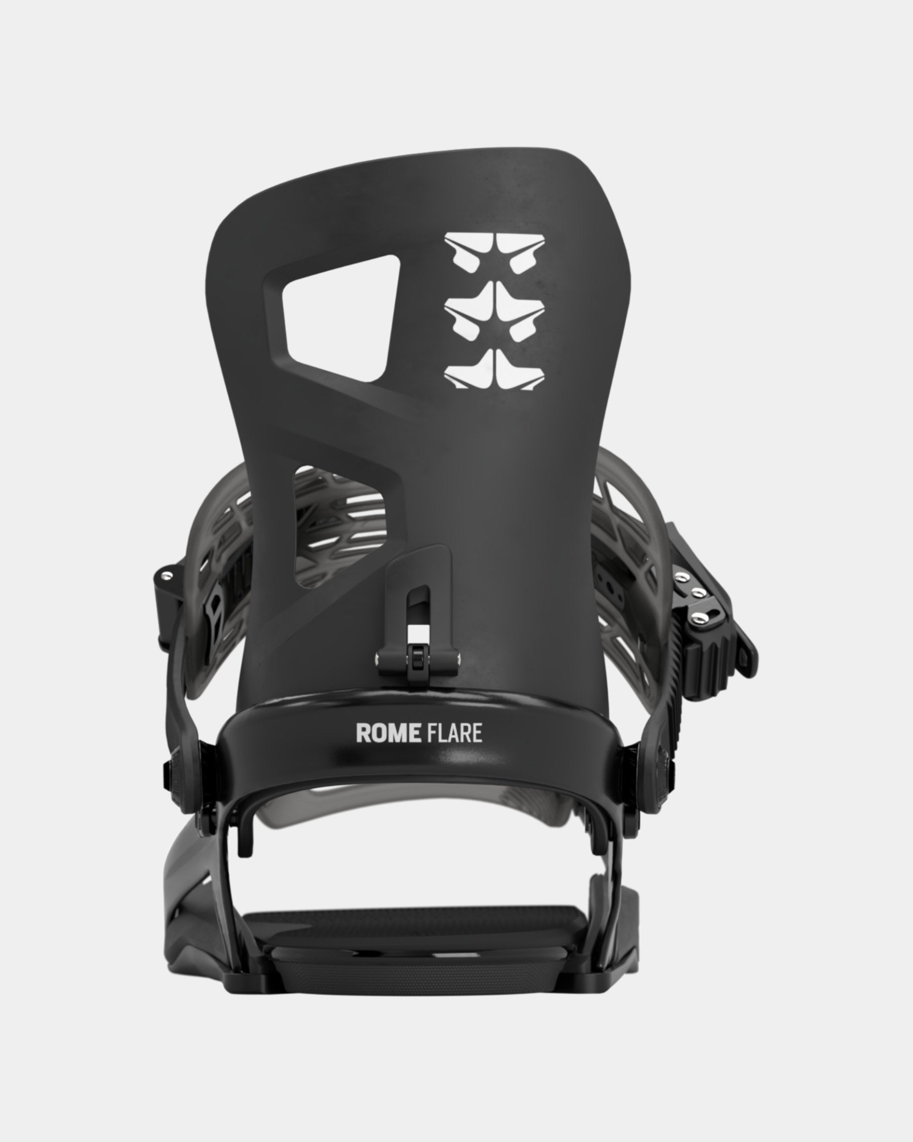 Rome Flare 2022 womens snowboard bindings product photo from the back back cover shot in the studio color-black