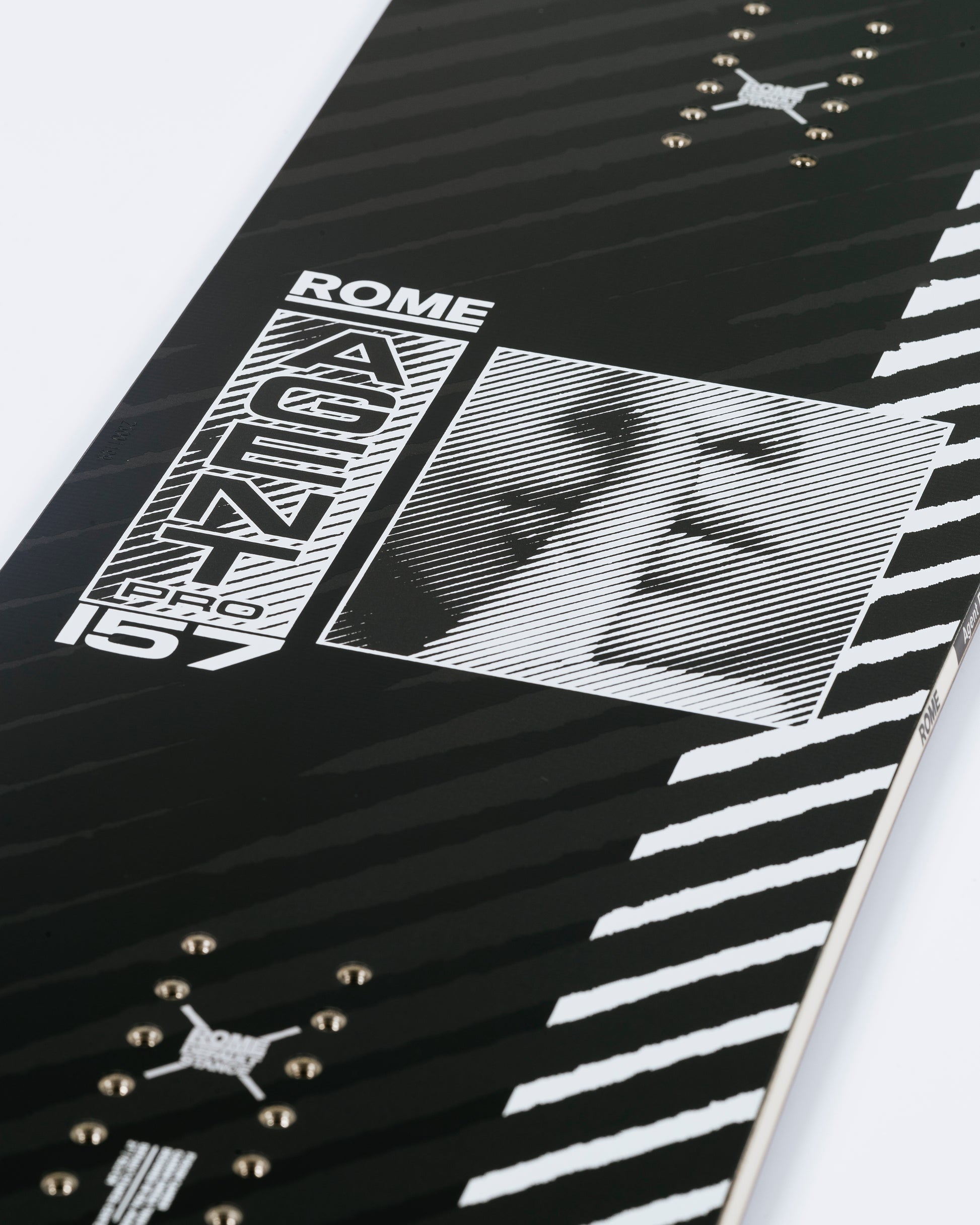 Cool snowboard graphics on new freestyle snowboard. Agent Pro 2025 | Rome Snowboards™ 2025.