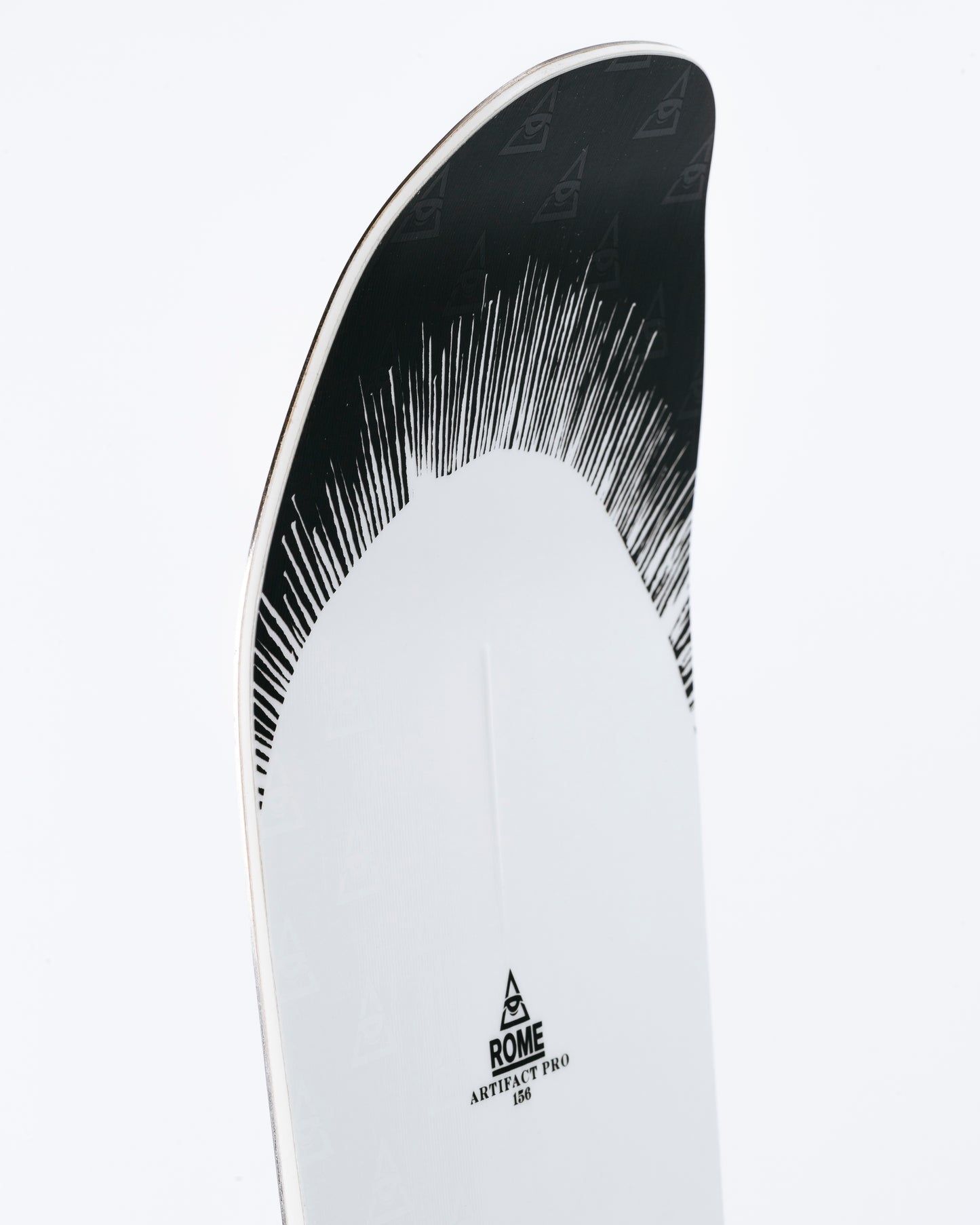 The nose of freestyle snowboard with Double Kick HotRod technology visible.  Artifact Pro 2025 | Rome Snowboards™ 2025.