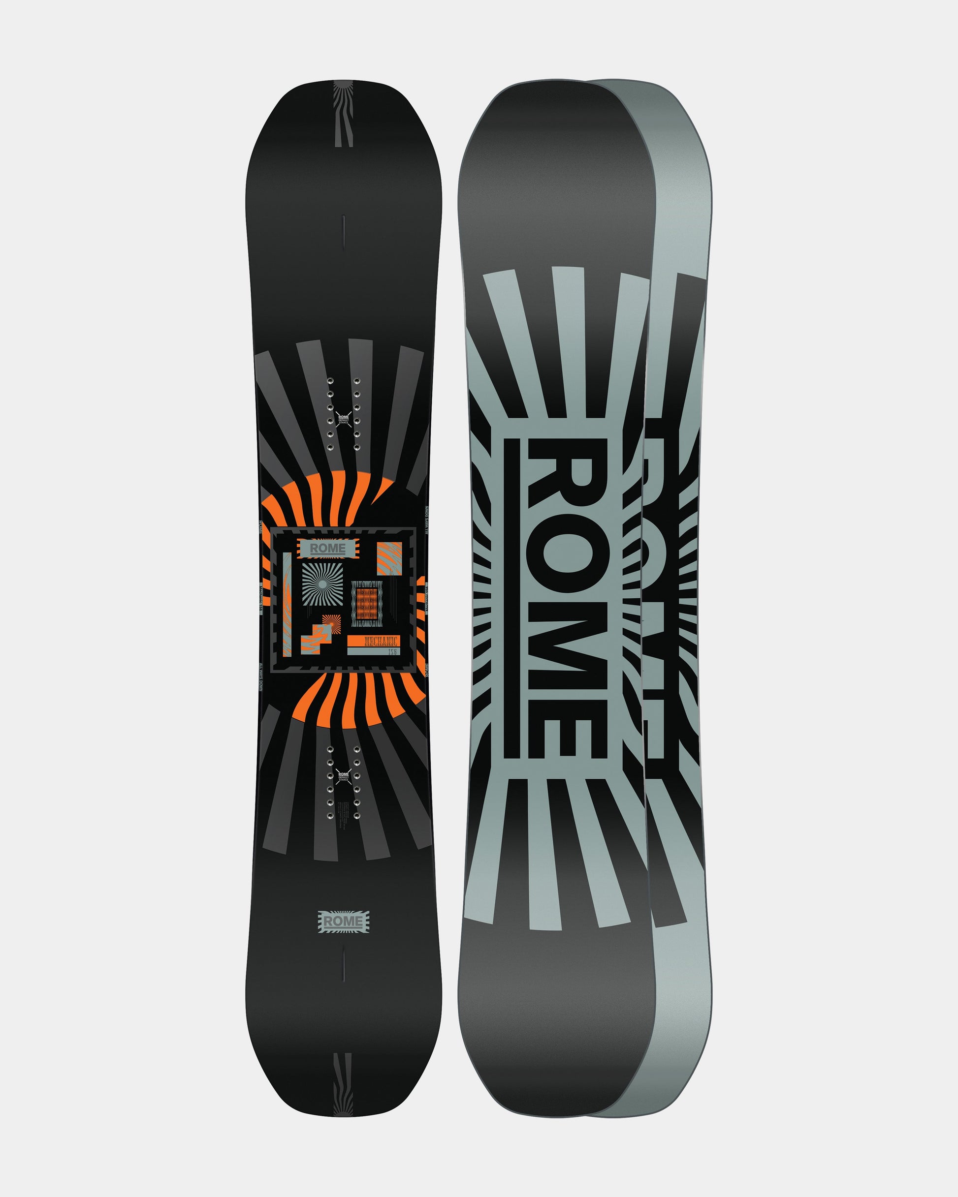 Men snowboards in black and grey. Mechanic 2025 | Rome Snowboards™