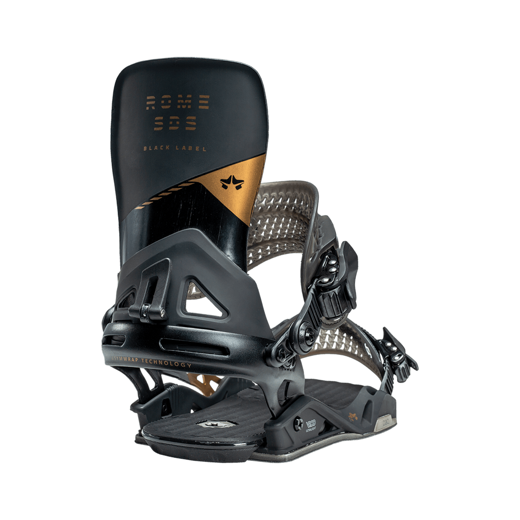 Rome Black Label snowboard bindings back view by rome snowboards