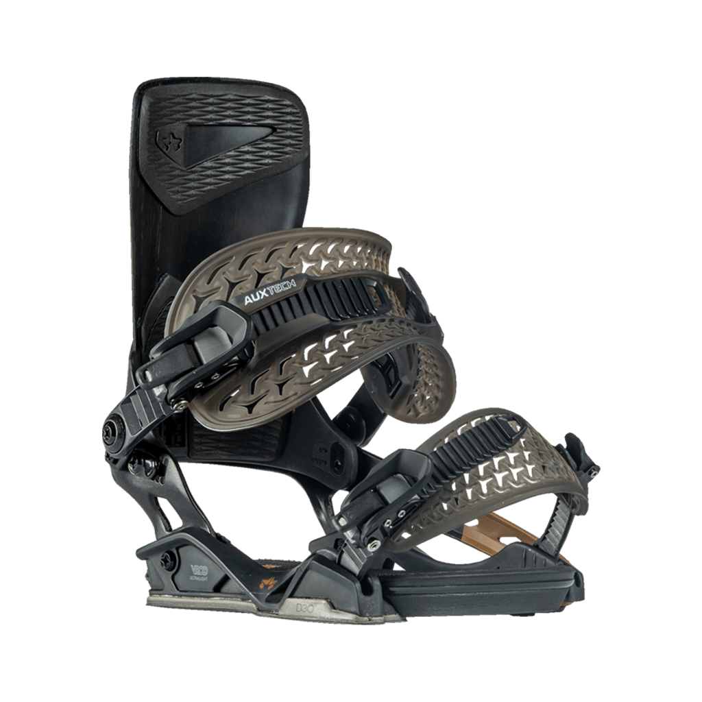 Rome Black Label snowboard bindings front view aux tech by rome snowboards